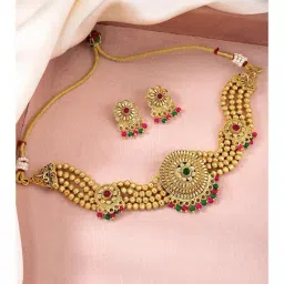 Peora Gold Plated Red Green Synthetic Stone Ethnic Traditional Necklace Earrings Set-image-30