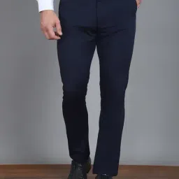 Jainish Navy Blue Cotton Tapered Fit Trousers-image-88