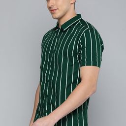 HERE&NOW Men Green & White Striped  Slim Fit Pure Cotton Casual Shirt-image-72