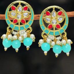 OOMPH Turquoise Ferozi Blue Meenakari Kundan Floral Design Ethnic Drop Earrings-7