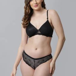 AROUSY Black Cotton Self Pattern Bra Panty Set-picture-2