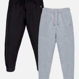 Kiddopanti Kids Jet Black & Grey Melange Solid Trackpants (Pack Of 2)-image-78