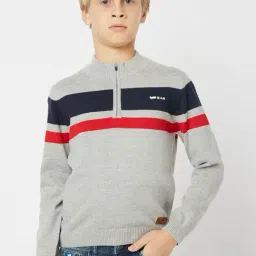 GAS Kids Grey & Navy Cotton Striped Full Sleeves Sweater-image-24