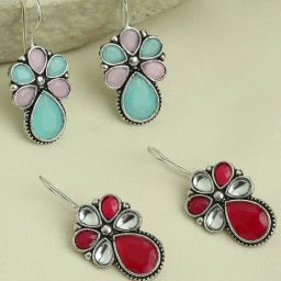 OOMPH Maroon & Pink Silver Oxidized Ethnic Drop Earrings - Set of 2-41