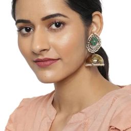 Zaveri Pearls Green Stones Kundan & Pearls Jhumki Earrings - ZPFK9080-image-39
