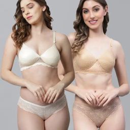 AROUSY White & Beige Cotton Self Pattern Bra Panty Set - Pack Of 2-picture-5