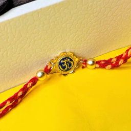 Arte jewels 925 Red and yellow thread rakhi, has gold-toned and blue Om rakhi-image-51