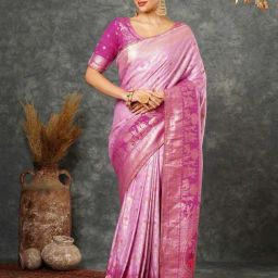 Satrani Pink & Rani Pink Cotton Silk Woven Saree With Unstitched Blouse-image-32