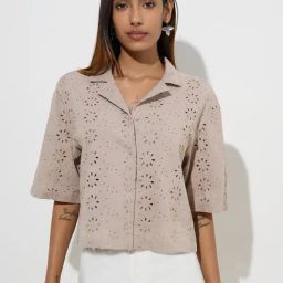 Utsa by Westside Beige Floral Schiffli Detailed Cotton Ethnic Shirt-image-32