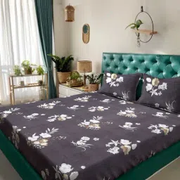 Klotthe Brown Cotton Blend Printed 300 TC King Flat Bedsheet with 2 Pillow Covers-picture-42