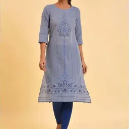W Blue Cotton Printed Straight Kurta-image-90
