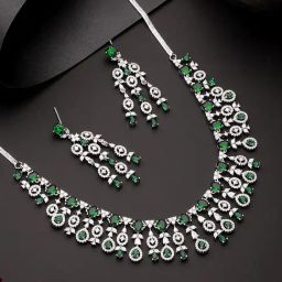 Saraf RS Jewellery Silver Toned Emerald Green AD Studded Statement Jewellery Set-image-24