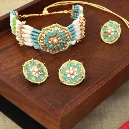 Zaveri Pearls Turquoise Blue & Green Beads Kundan Pearls Choker Necklace Earring Ring Set-ZPFK11070-13