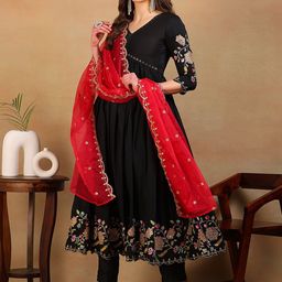 KALINI Women Ethnic Motifs Embroidered Empire Thread Work Kurta with Trousers & With Dupatta-image-24