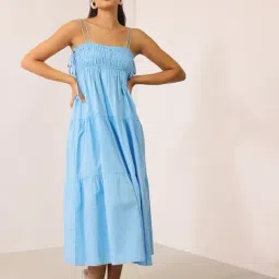 VIRGIO Blue Cotton Solid Sleeveless Dress-picture-12