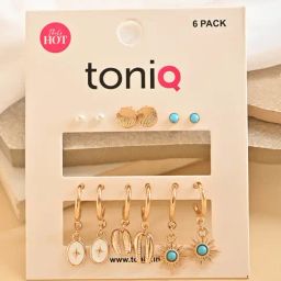 ToniQ Turquoise Blue Gold-Plated Star Moon Hanging Enamel Hoop & Studs Earrings for Women - Set of 6-image-11
