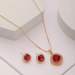 Saraf RS Jewellery Gold Toned Ruby Red AD Studded Square Pendant & Earrings Set-16