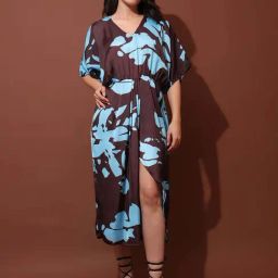 Purvaja Brown Satin Relaxed Fit Printed Dress-image-82