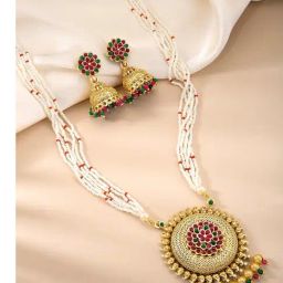 Peora Gold Plated Pink & Green Synthetic Stone Long Necklace & Earring Set-image-85