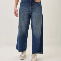 Globus Women Dark Blue Cotton Whiskers Effect Mid-Rise Wide Leg Denim Jeans-image-56