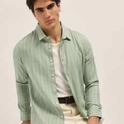 The Bear House Green Cotton Slim Fit Striped Shirt-image-56