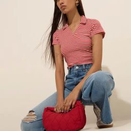 Nuon by Westside Red Striped and Ribbed Cotton Blend T-Shirt-image-42