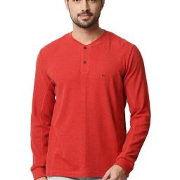 Basics Pomeian Red Cotton Muscle Fit Texture Henley T-Shirt-image-79