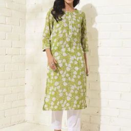 Fabindia Green Cotton Hand Block Printed Long Kurta-image-74