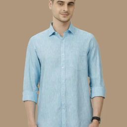 Linen Club Turquoise Blue Linen Contemporary Fit Shirt-image-91