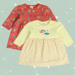 MINIKLUB Kids Yellow & Coral Printed Full Sleeves Dress (Pack Of 2)-picture-1