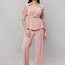 Elara Luxe V Neck Plain Belt Top With Trousers Co-Ords-image-3