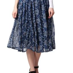 Cation Blue Floral Print A-Line Midi Skirt-image-82