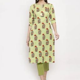 Indibelle Green Cotton Floral Print Straight Kurta-11
