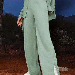 Styli Woven Textured Wide Leg Trouser with Slit Detail-image-11