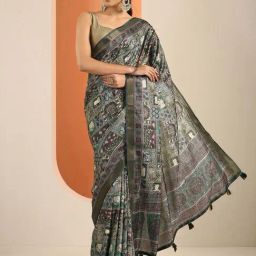 Libas Grey Printed Saree With Unstitched Blouse-image-22