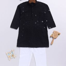 JBN Creation Boys Floral Embroidered Band Collar Sequinned Straight Kurta With Trousers-49