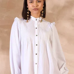 CORSICA Mandarin Collar Puff Sleeve Crepe Shirt Style Top-picture-55
