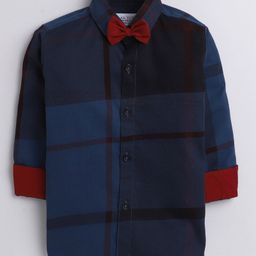 Polka Tots Full Sleeves Window Pane Checked Shirt With Bow Tie - Blue-image-43