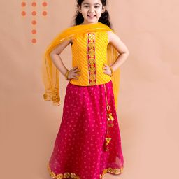 Pspeaches Sleeveless Flower Detailed Mirror Work Embellished Striped Short Kurta With Coordinating Bandhej Lehenga & Dupatta - Yellow & Pink-image-3