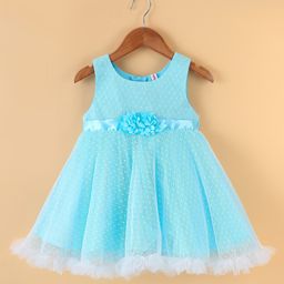 Babyhug Sleeveless  Swiss Dot Design Party Dress with Floral Corsage - Light Blue-image-17