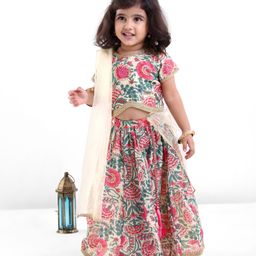 Babyhug 100% Cotton Short Sleeves Floral Printed Choli and Lehenga with Crushed Mull Dupatta Set - Cream-image-7