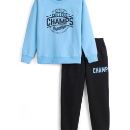Honeyhap Premium Cotton Lightweight Terry Full Sleeves Text Printed Sweatshirt & Lounge Pant Set with Bio Finish - Sky Blue & Black-image-17