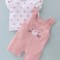 ToffyHouse Cotton  Dungaree Style Romper & Half Sleeves T-Shirt Set Kitty Print- Peach & White-image-45