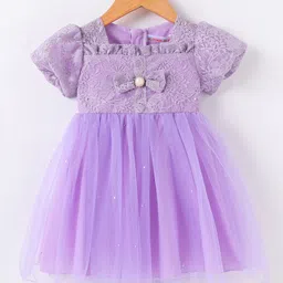 Kookie Kids Half Sleeves Party Frock with Floral Lace & Bow Detailing  - Purple-picture-37