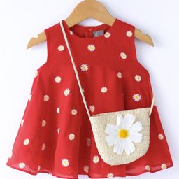 Little Kangaroos Sleeveless Party Top with Sling BagFloral Embroidery & Applique - Red-image-17