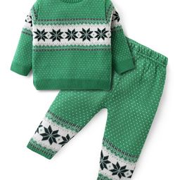 Babyhug Knit Full Sleeves Sweater Set with Intarsia Design -Light Green-image-89