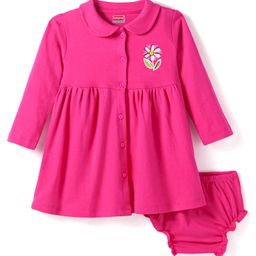 Babyhug Cotton Knit Full Sleeves Peter Pan Collared Frock With Floral Print & Bloomer - Dark Pink-image-61