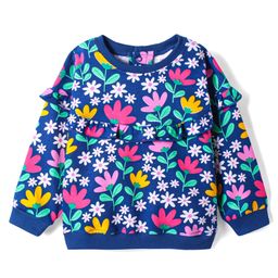 Babyhug Cotton Knit Full Drop Shoulder Sleeves Floral Printed Sweatshirt with Frill Detailing - Navy Blue-image-116