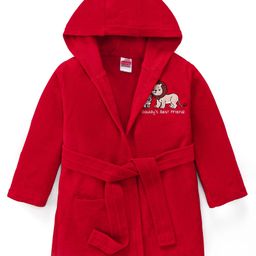 Babyhug Terry Knit Full Sleeve Hooded Bathrobe with Elastic At Waist & Animal Embroidery - Red-image-65