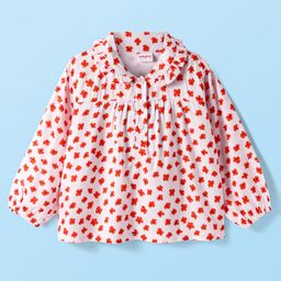 Babyhug Rayon Woven Full Sleeves Top With Floral Print & Peter Pan Collar - White & Red-image-32